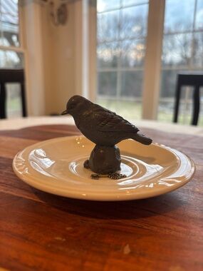 Handmade Bird with Skeleton Key Jewelry/Ring Dish in Cream‎ and Charcoal